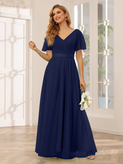 A-Line/Princess Tulle Long Bridesmaid Dresses with Sleeves