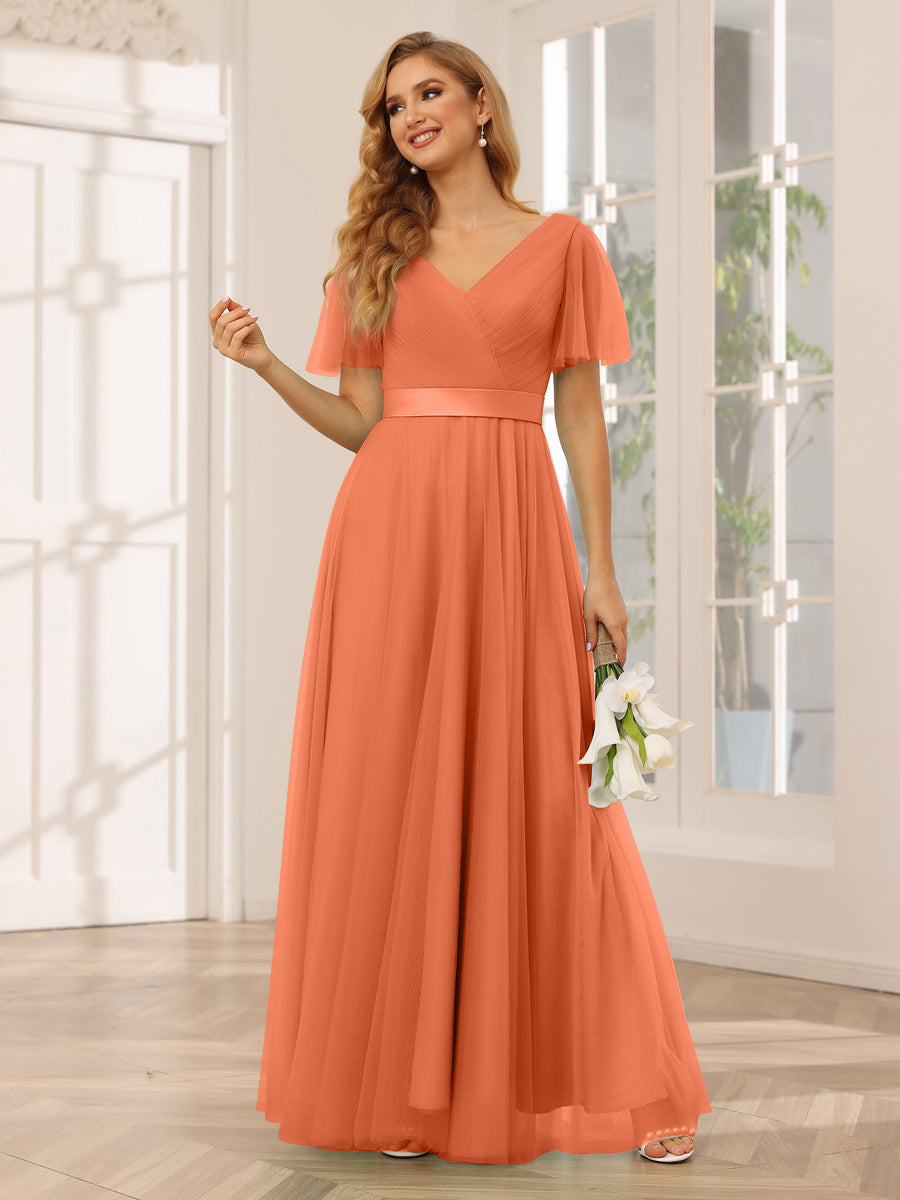 A-Line/Princess Tulle Long Bridesmaid Dresses with Sleeves