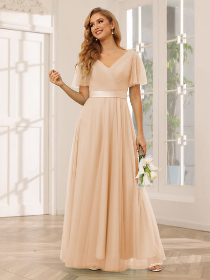 A-Line/Princess Tulle Long Bridesmaid Dresses with Sleeves