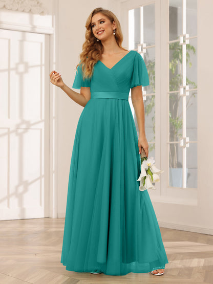 A-Line/Princess Tulle Long Bridesmaid Dresses with Sleeves