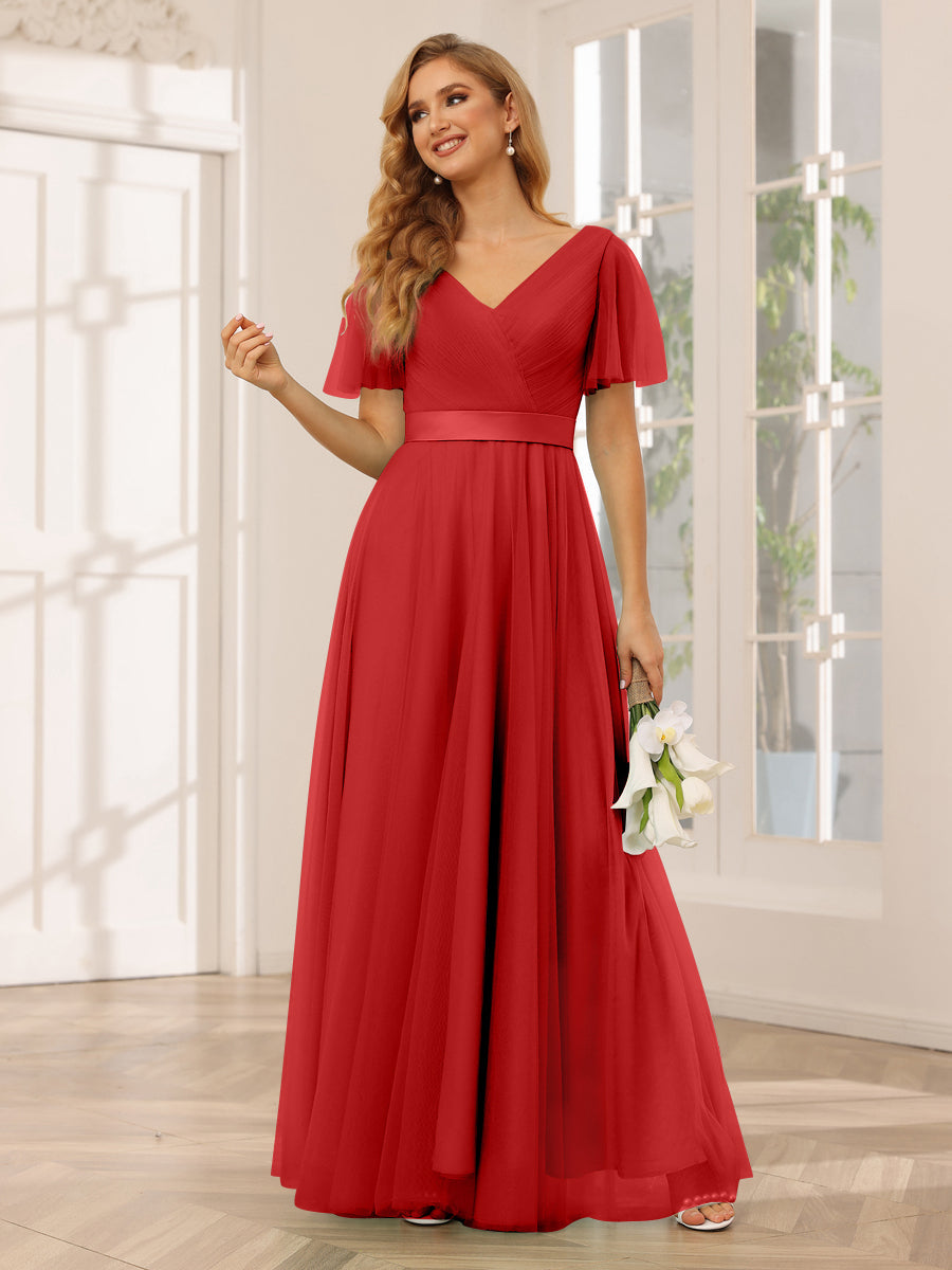 A-Line/Princess Tulle Long Bridesmaid Dresses with Sleeves