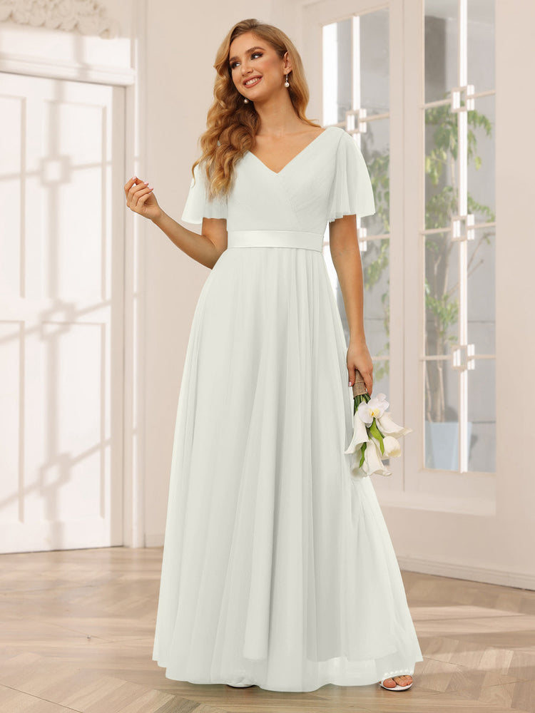 A-Line/Princess Tulle Long Bridesmaid Dresses with Sleeves-Lavetir