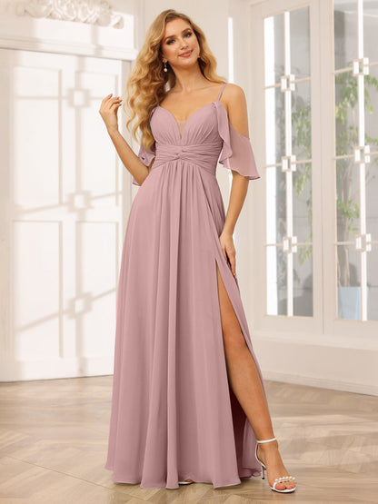 A-Line/Princess Spaghetti Straps V-Neck Long Bridesmaid Dresses with Split Side