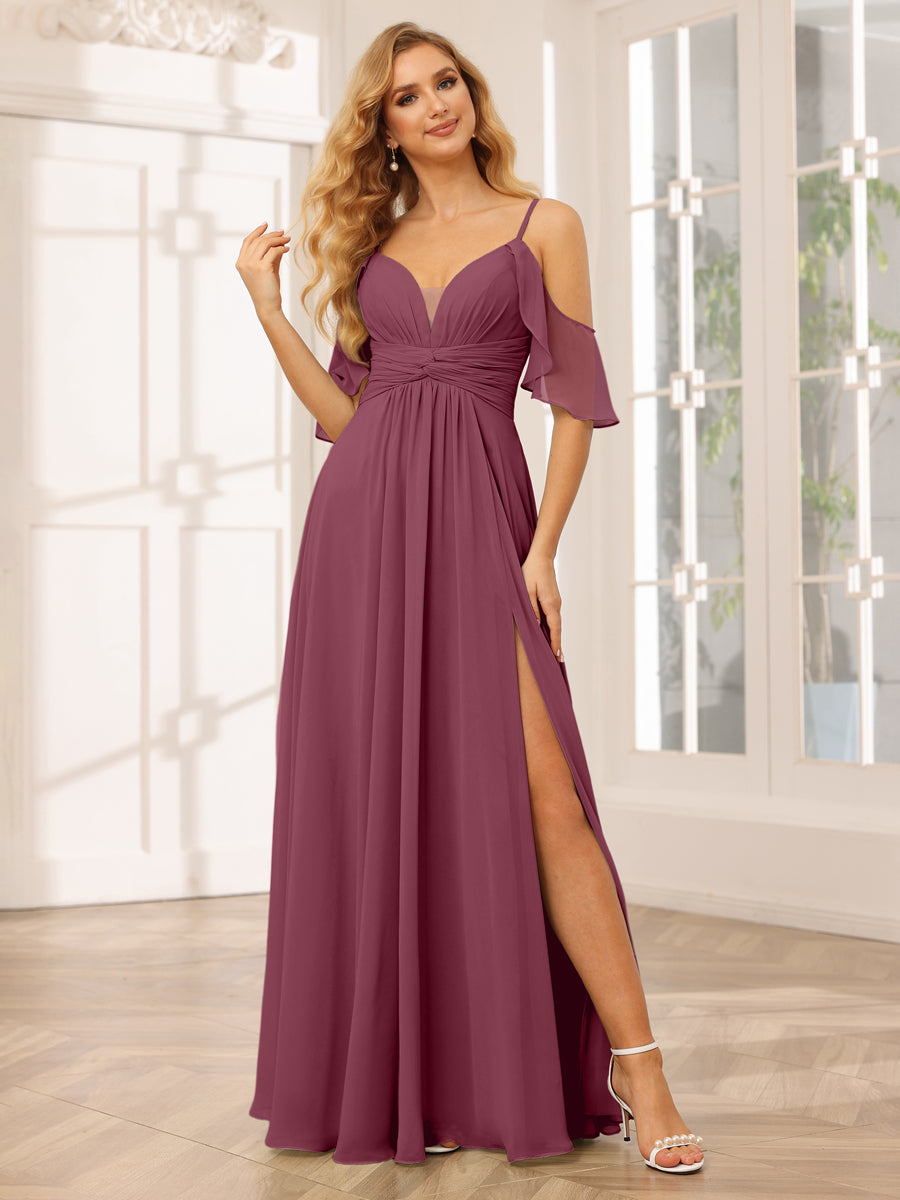 A-Line/Princess Spaghetti Straps V-Neck Long Bridesmaid Dresses with Split Side