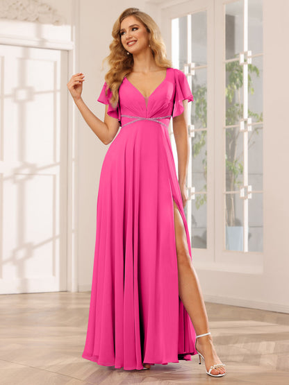 A-Line/Princess V-Neck Long Bridesmaid Dresses with Split Side & Beading