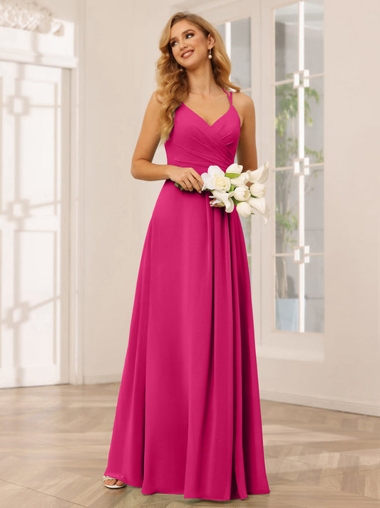 A-Line/Princess V-Neck Long Bridesmaid Dresses with Ruched