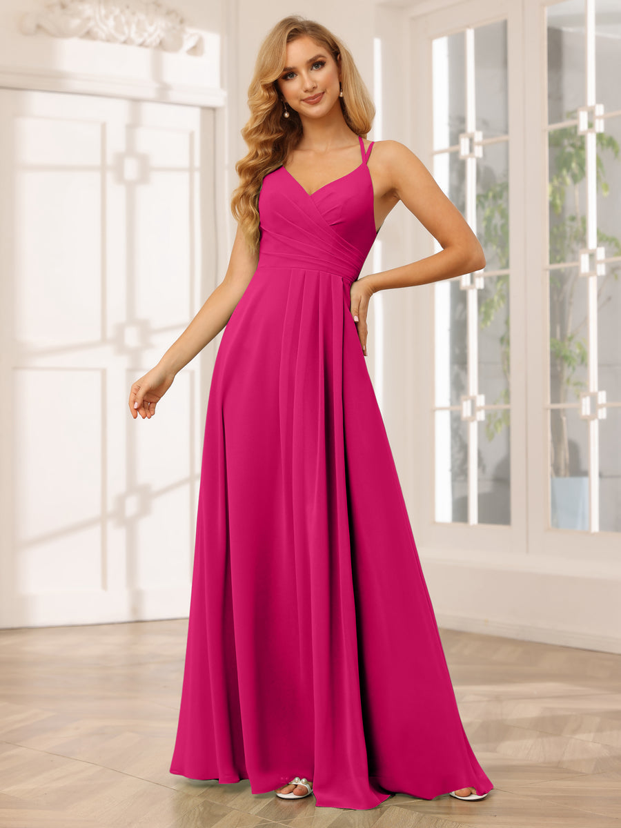 A-Line/Princess V-Neck Long Bridesmaid Dresses with Ruched