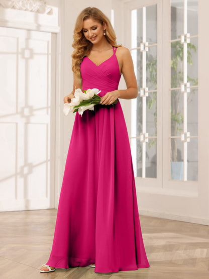 A-Line/Princess V-Neck Long Bridesmaid Dresses with Ruched