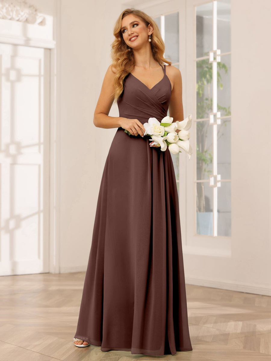 A-Line/Princess V-Neck Long Bridesmaid Dresses with Ruched