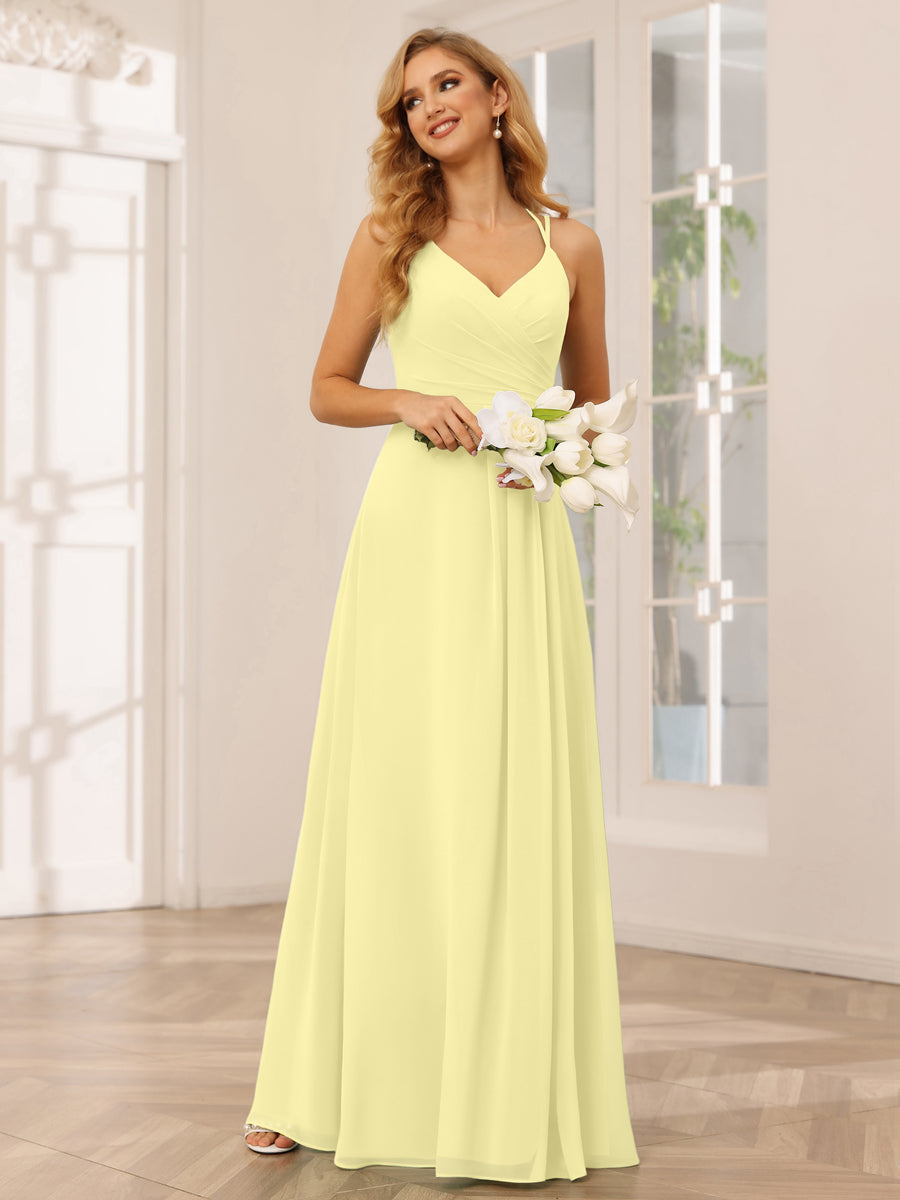 A-Line/Princess V-Neck Long Bridesmaid Dresses with Ruched