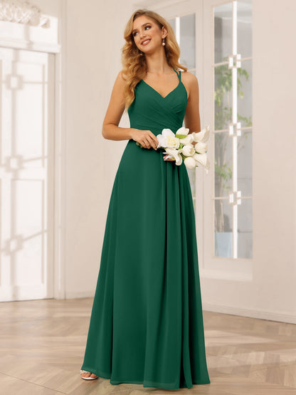 A-Line/Princess V-Neck Long Bridesmaid Dresses with Ruched