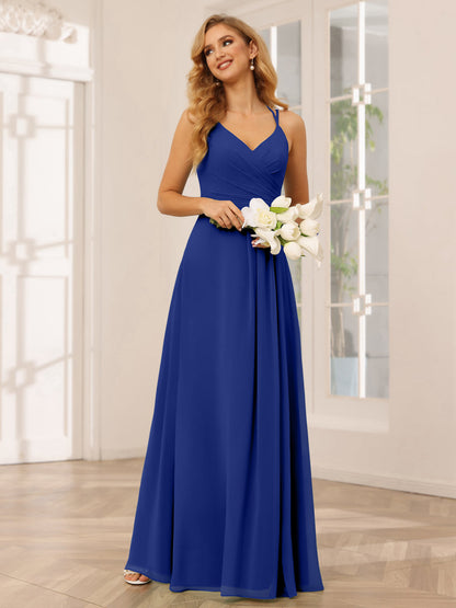 A-Line/Princess V-Neck Long Bridesmaid Dresses with Ruched