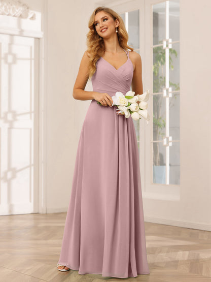 A-Line/Princess V-Neck Long Bridesmaid Dresses with Ruched