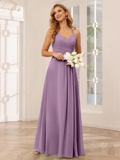 A-Line/Princess V-Neck Long Bridesmaid Dresses with Ruched