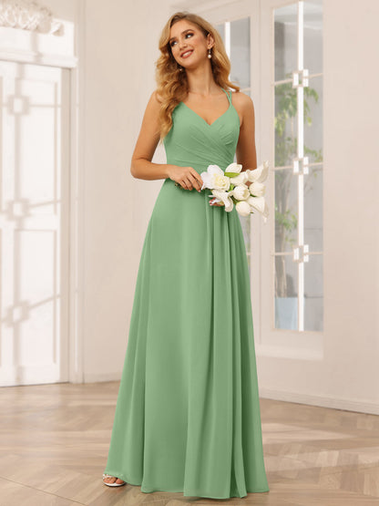 A-Line/Princess V-Neck Long Bridesmaid Dresses with Ruched