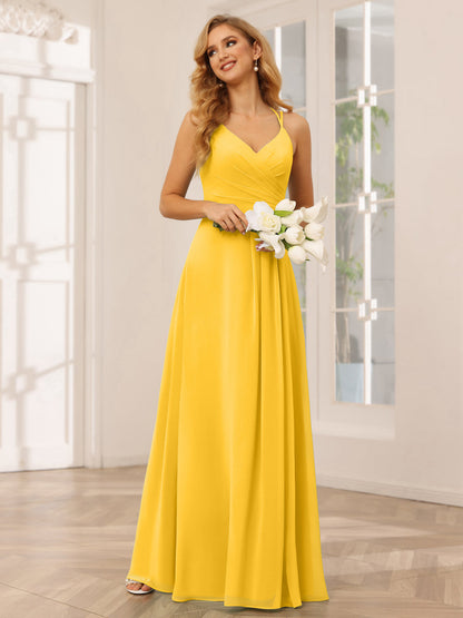 A-Line/Princess V-Neck Long Bridesmaid Dresses with Ruched