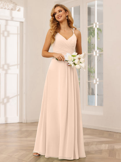 A-Line/Princess V-Neck Long Bridesmaid Dresses with Ruched