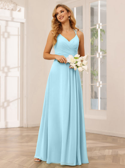 A-Line/Princess V-Neck Long Bridesmaid Dresses with Ruched