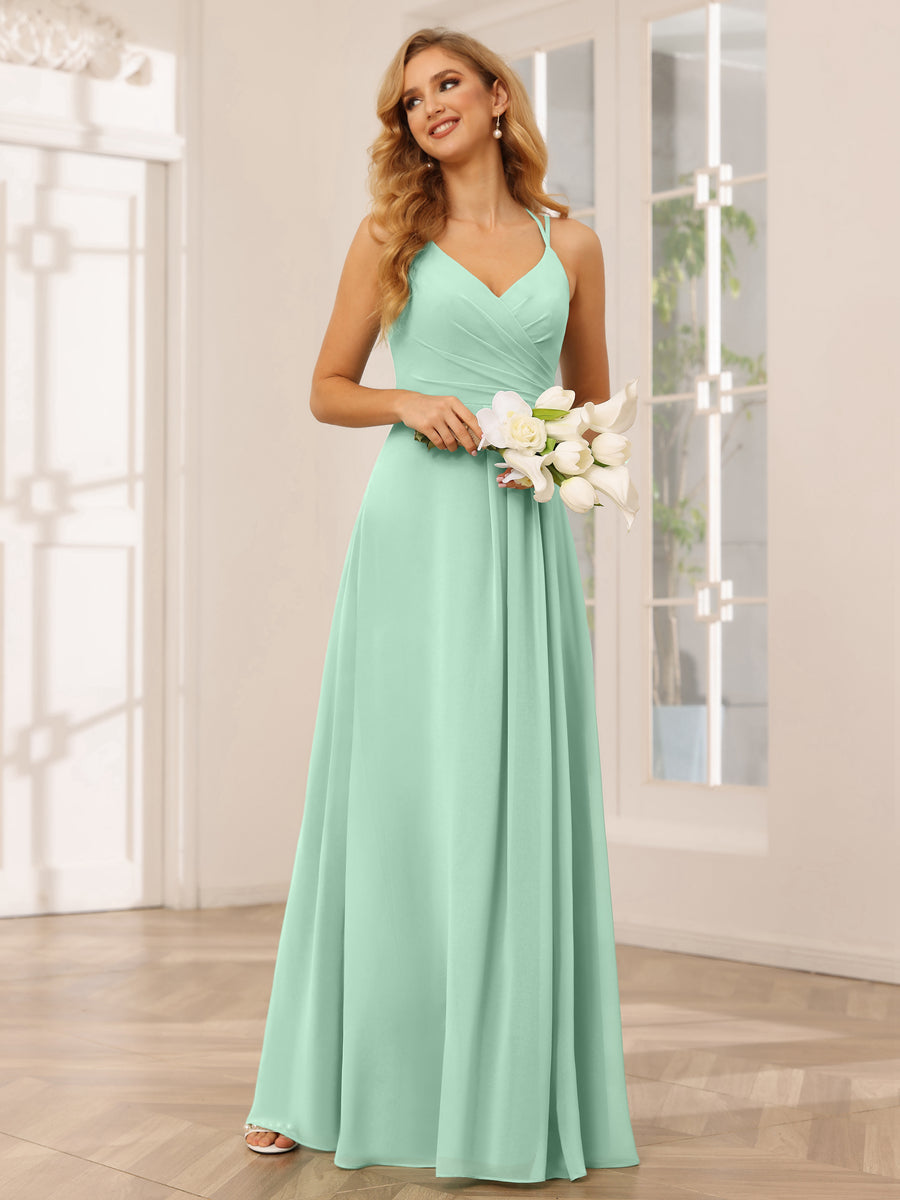 A-Line/Princess V-Neck Long Bridesmaid Dresses with Ruched