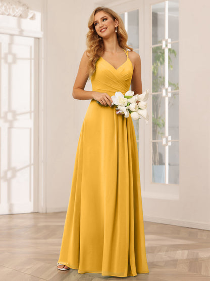 A-Line/Princess V-Neck Long Bridesmaid Dresses with Ruched