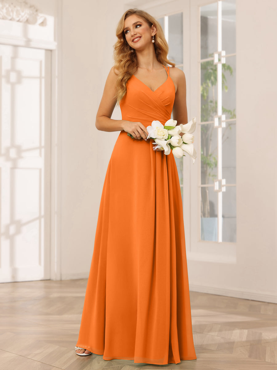 A-Line/Princess V-Neck Long Bridesmaid Dresses with Ruched