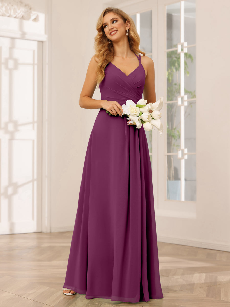 A-Line/Princess V-Neck Long Bridesmaid Dresses with Ruched