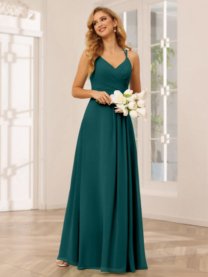 A-Line/Princess V-Neck Long Bridesmaid Dresses with Ruched