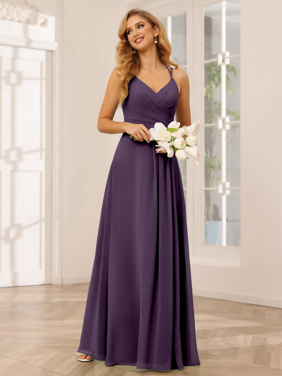 A-Line/Princess V-Neck Long Bridesmaid Dresses with Ruched