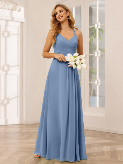 A-Line/Princess V-Neck Long Bridesmaid Dresses with Ruched