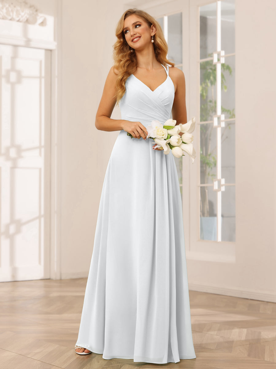 A-Line/Princess V-Neck Long Bridesmaid Dresses with Ruched