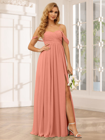 A-Line/Princess Spaghetti Straps Off-The-Shoulder Long Bridesmaid Dresses With Split Side