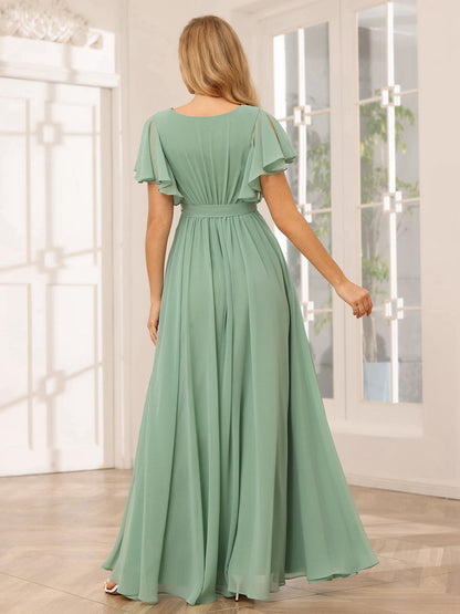 A-Line/Princess V-Neck Short Sleeves Long Bridesmaid Dresses with Sash