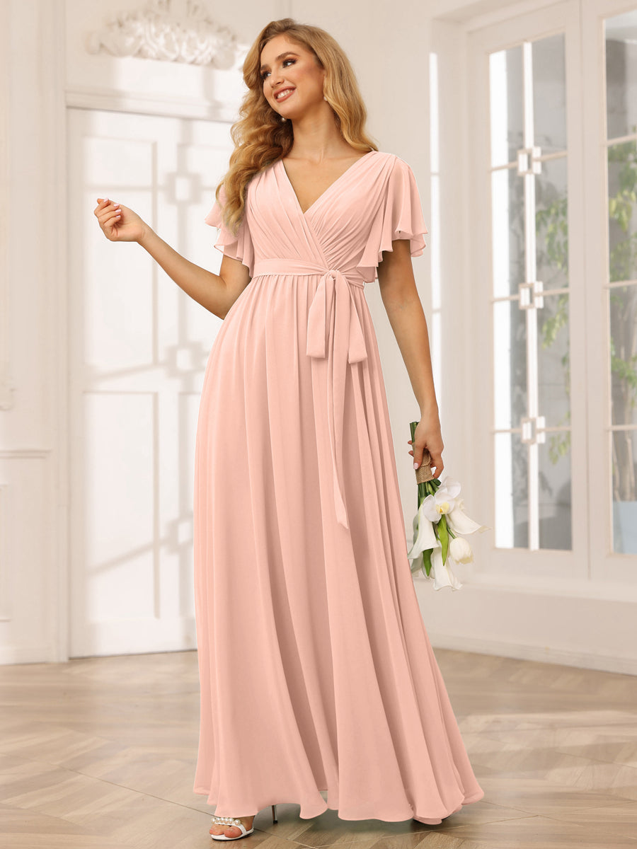 A-Line/Princess V-Neck Short Sleeves Long Bridesmaid Dresses with Sash