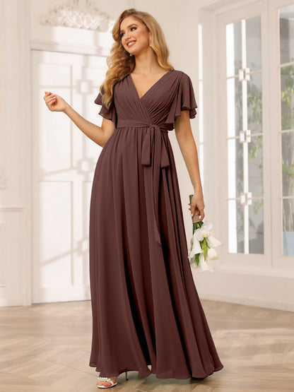 A-Line/Princess V-Neck Short Sleeves Long Bridesmaid Dresses with Sash