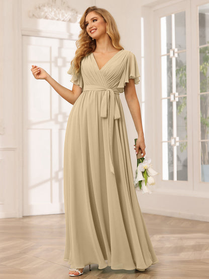 A-Line/Princess V-Neck Short Sleeves Long Bridesmaid Dresses with Sash