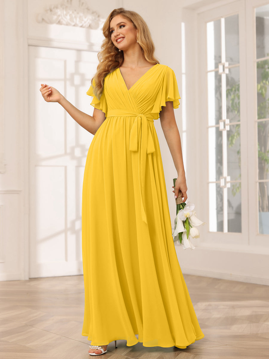 A-Line/Princess V-Neck Short Sleeves Long Bridesmaid Dresses with Sash