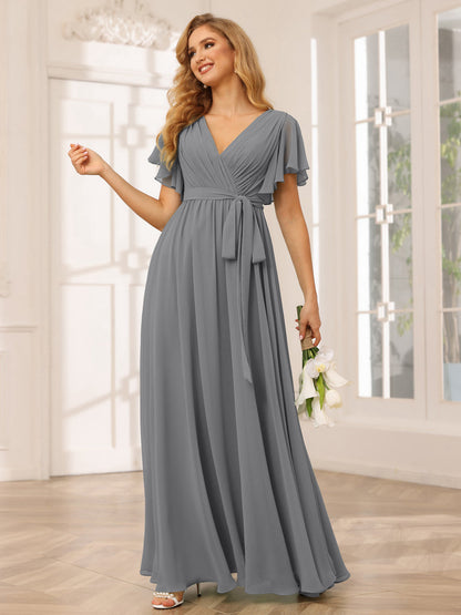 A-Line/Princess V-Neck Short Sleeves Long Bridesmaid Dresses with Sash