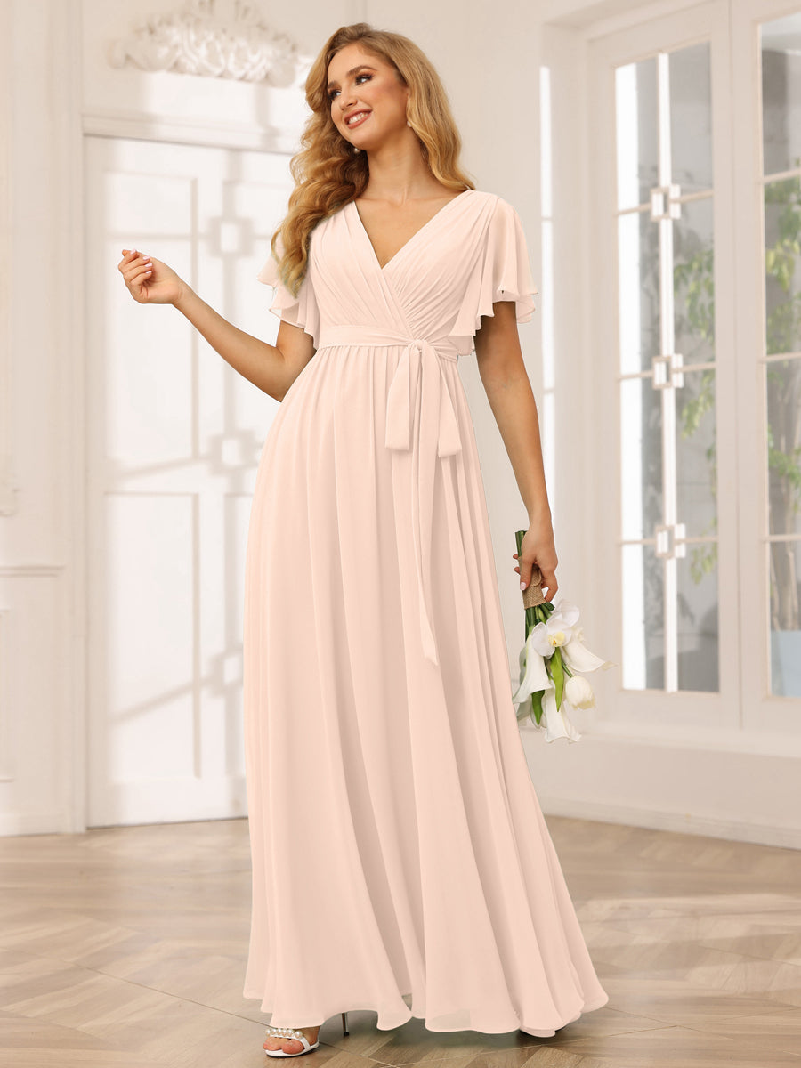 A-Line/Princess V-Neck Short Sleeves Long Bridesmaid Dresses with Sash