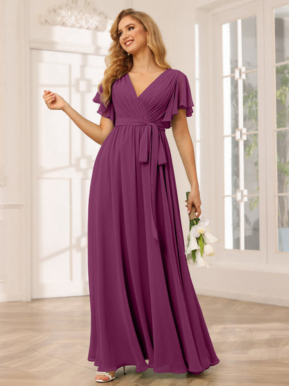 A-Line/Princess V-Neck Short Sleeves Long Bridesmaid Dresses with Sash