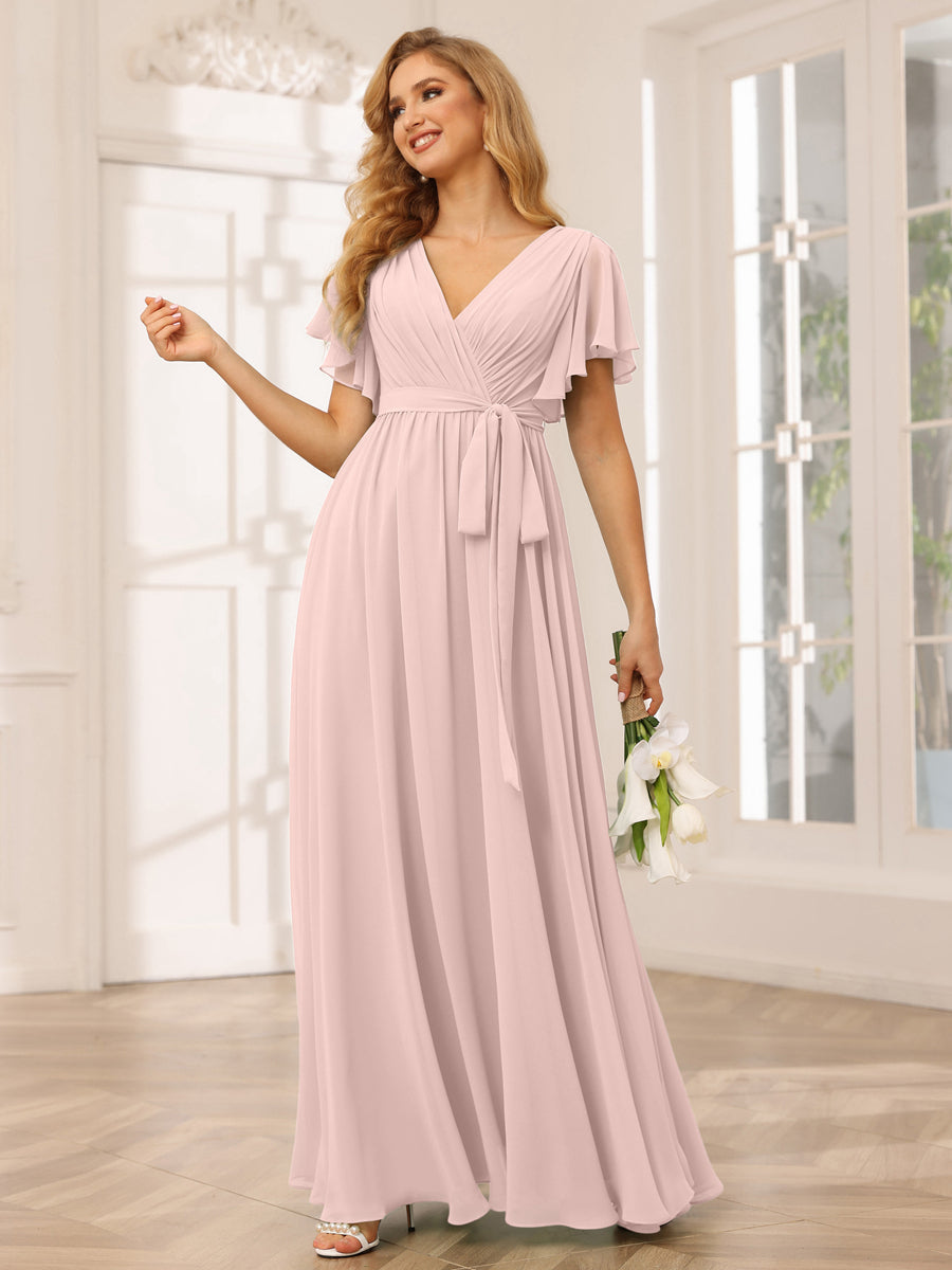 A-Line/Princess V-Neck Short Sleeves Long Bridesmaid Dresses with Sash