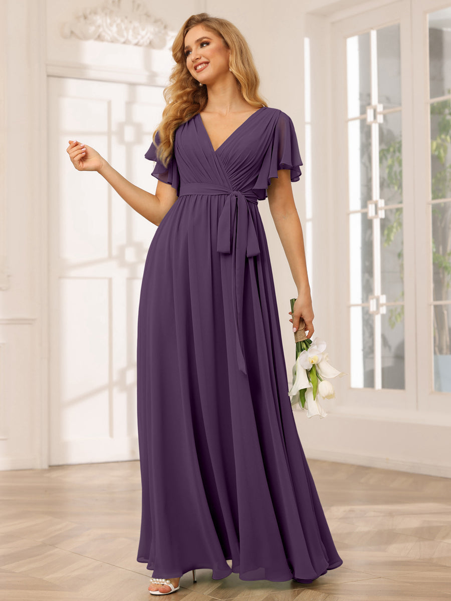 A-Line/Princess V-Neck Short Sleeves Long Bridesmaid Dresses with Sash