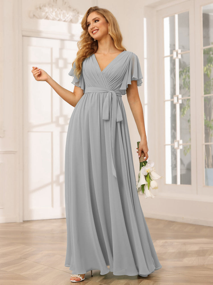 A-Line/Princess V-Neck Short Sleeves Long Bridesmaid Dresses with  Sash-Lavetir