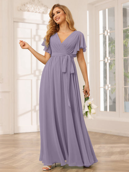 A-Line/Princess V-Neck Short Sleeves Long Bridesmaid Dresses with Sash