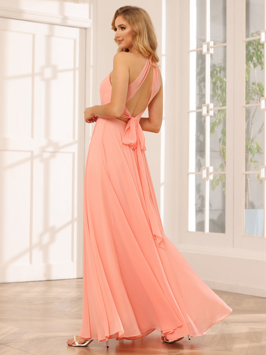 A-Line/Princess Halter Long Bridesmaid Dresses with Split Side