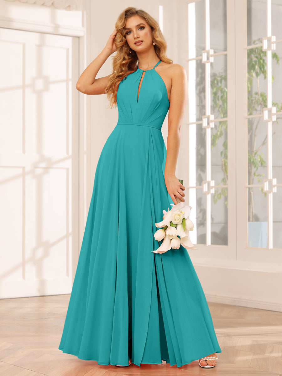 A-Line/Princess Halter Long Bridesmaid Dresses with Split Side