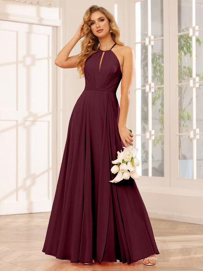 A-Line/Princess Halter Long Bridesmaid Dresses with Split Side