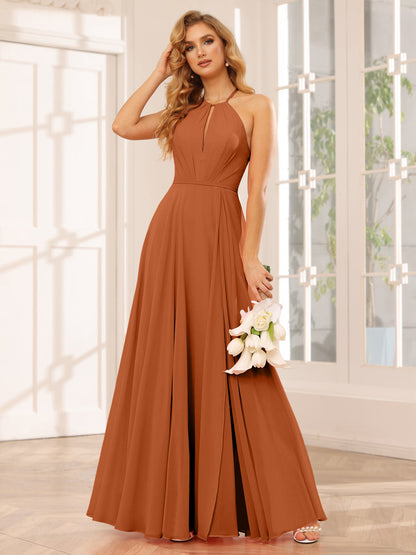 A-Line/Princess Halter Long Bridesmaid Dresses with Split Side