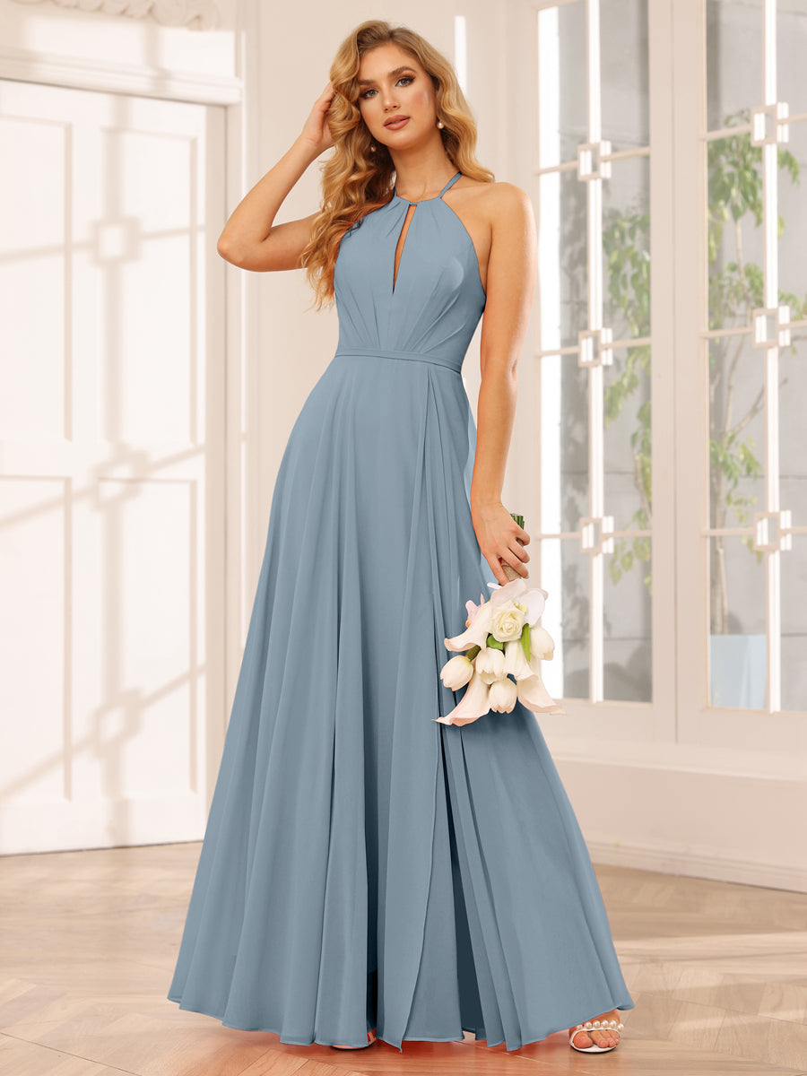 A-Line/Princess Halter Long Bridesmaid Dresses with Split Side