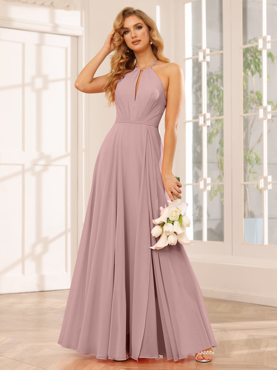 A-Line/Princess Halter Long Bridesmaid Dresses with Split Side