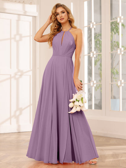 A-Line/Princess Halter Long Bridesmaid Dresses with Split Side